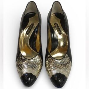 Carlos Falchi Black and Gold Snakeskin Heels